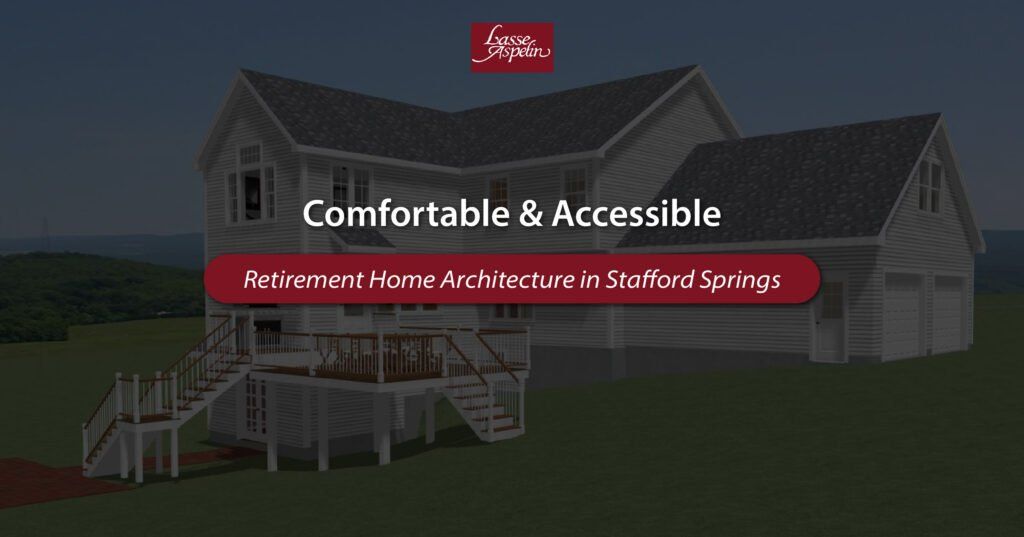 Log cabin-style home with text “Comfortable & Accessible” and a red banner about accessible home architecture in Franklin Springs