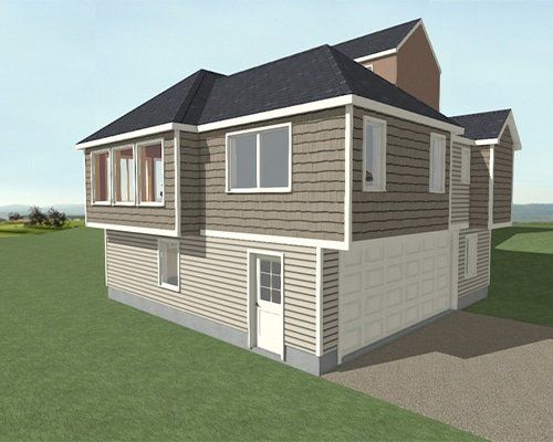 3D rendering of a two-story beige house with gray trim and a dark roof on a grassy lot