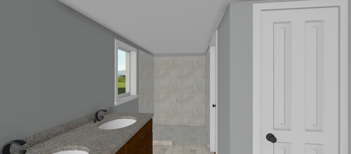 Narrow hallway with a vanity sink, tiled shower, and white closet door in a gray interior room