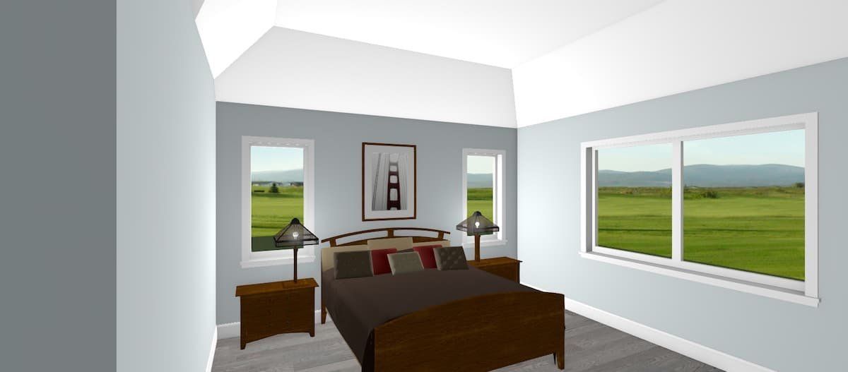 Bright bedroom with a wooden bed, nightstands, and large windows overlooking a green landscape