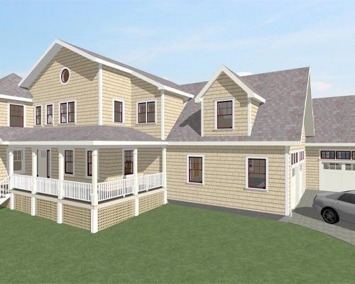 Beige suburban house with white porch, gray roof, and a driveway with a parked car