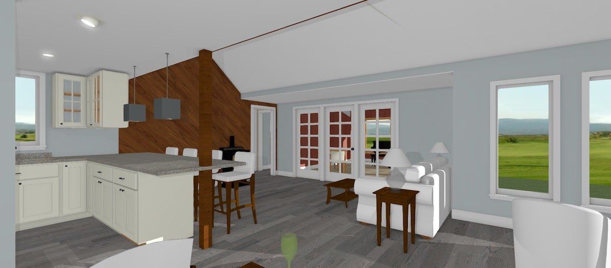 Modern kitchen and dining area with white cabinets, wood accents, stools, and large windows overlooking green fields