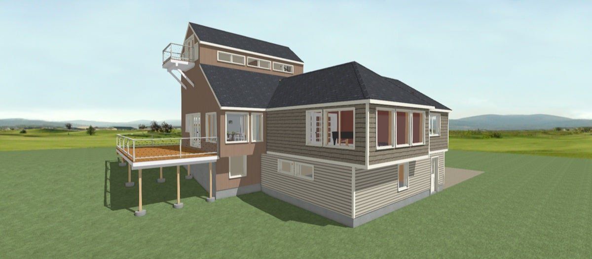 3D rendering of a suburban house with a porch, deck, and ramp in a grassy landscape