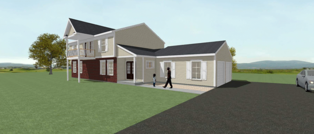 Suburban house with gray siding and red lower walls beside a driveway and grassy yard, with a person walking nearby