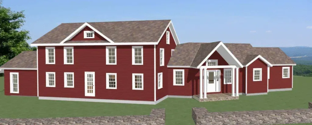 Red barn-style house with white trim and attached garage on a grassy lot