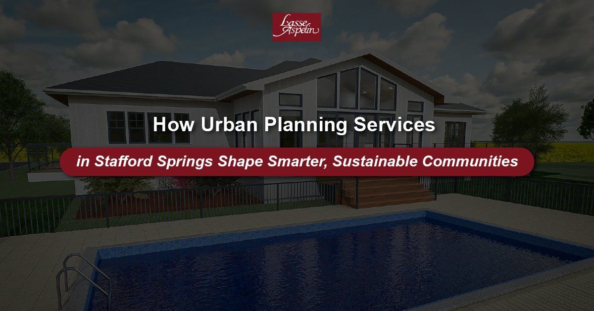 Urban planning services webpage banner with poolside home background and red headline text on sustainable communities