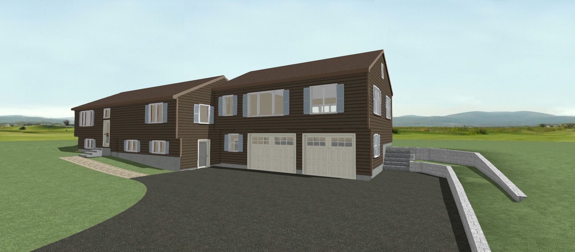 Exterior rendering of a brown two-story house with a driveway and garage on a grassy lot