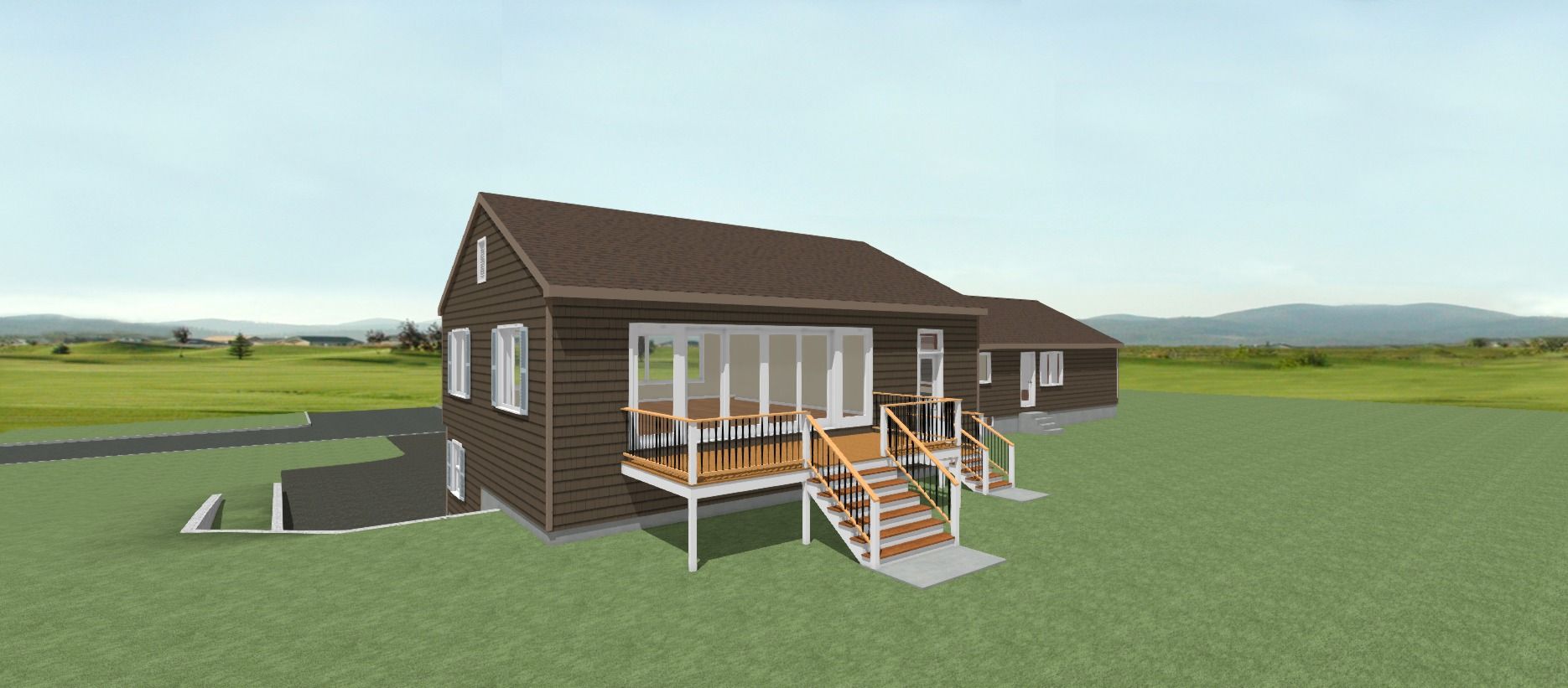 3D-rendered brown house with white porch railings and front steps on a grassy lot