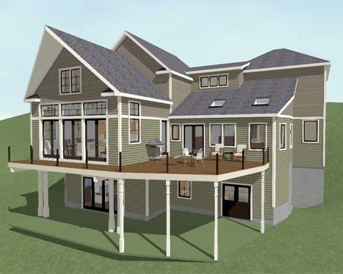 3D rendering of a gray suburban house with multiple decks and a raised patio on a grassy lot
