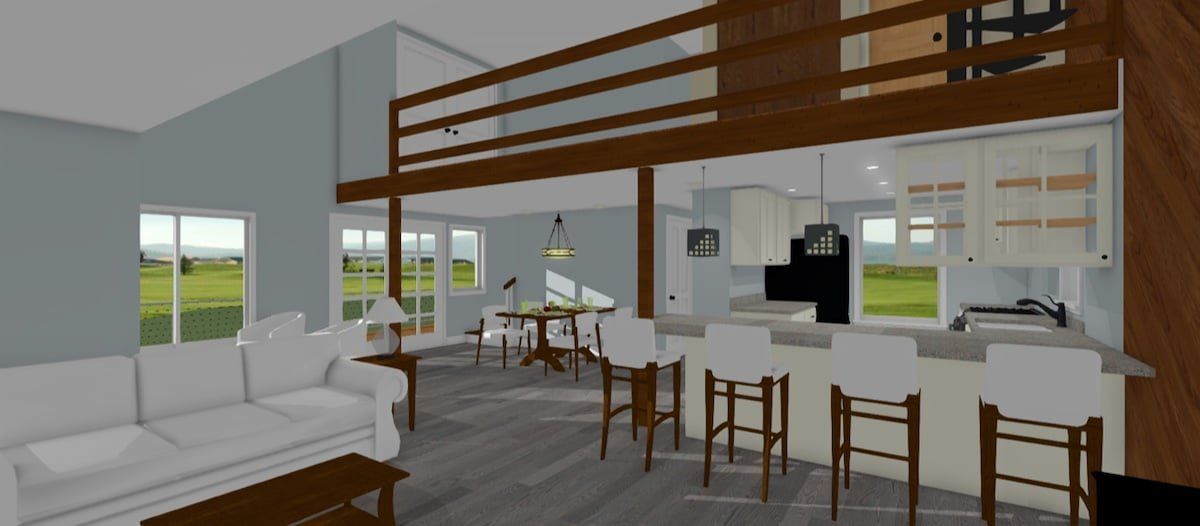 Modern open-plan kitchen and loft living room with white furnishings, wood beams, and bar stools
