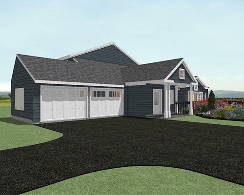 Modern gray suburban house with white garage doors and a dark driveway in front