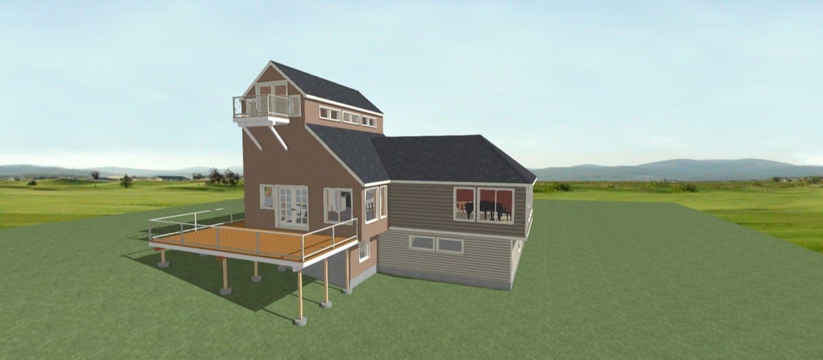 3D model of a rustic house with a wooden deck, gray siding, and a raised tower on a grassy landscape
