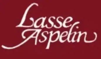 Lasse Aspelin logo in white script on a dark red background