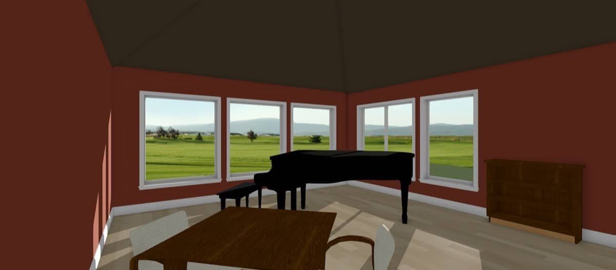 Modern living room with a black grand piano, red walls, large windows, and a wooden dining table.