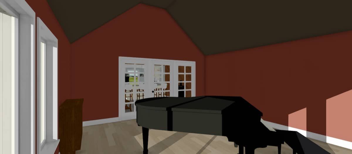 Grand piano in a red room with white trim and a windowed door.