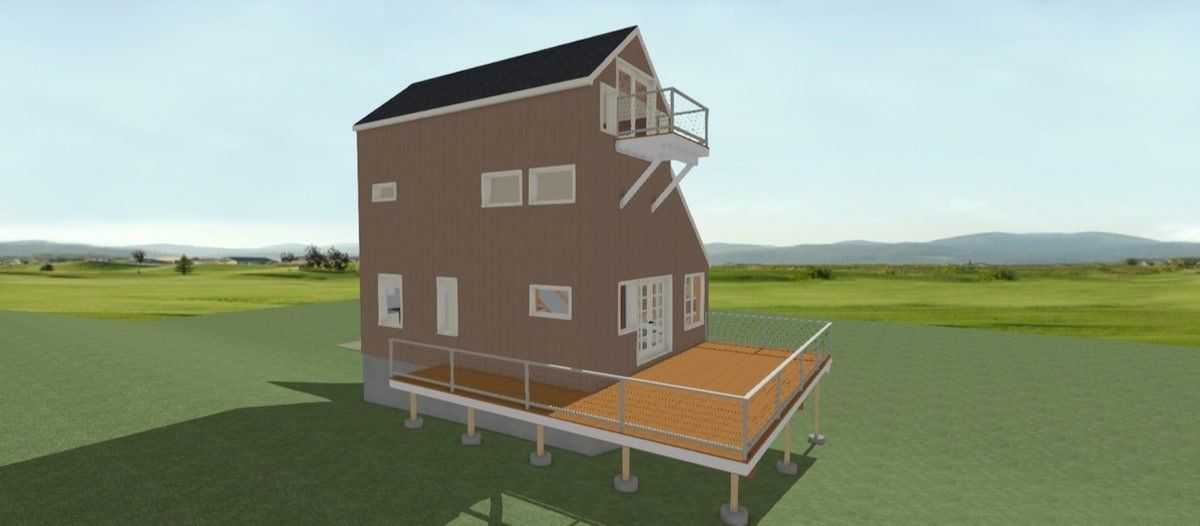 3D model of a brown house with a deck, white stairs, and grassy field background