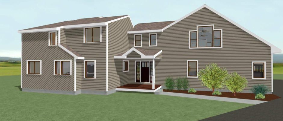 Exterior rendering of a tan and gray two-story house with a front porch and lawn