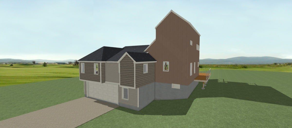 Modern house exterior with brown siding, gray roof, and front porch in a grassy rural landscape