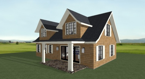 Two-story house with brown siding, white trim, and front porch in a grassy field