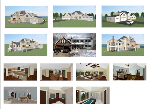 Collage of modern homes exterior renderings and interior room designs, including a kitchen, living spaces, and a pool room