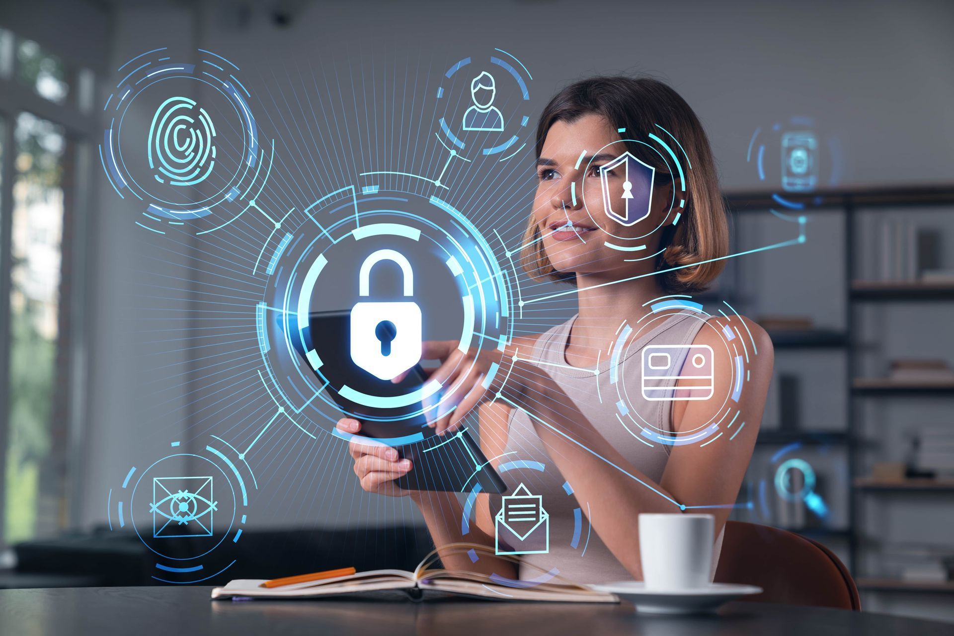 Woman smiling, using a tablet, surrounded by security technology icons in a modern office.
