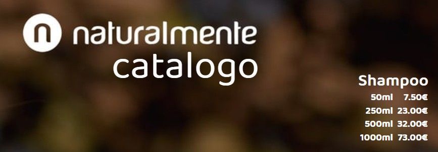 Naturalmente, l'intestazione del catalogo mostra un listino prezzi per vari formati di shampoo, che vanno da 50 ml a 7,50 € a 1000 ml a 73,00 €.