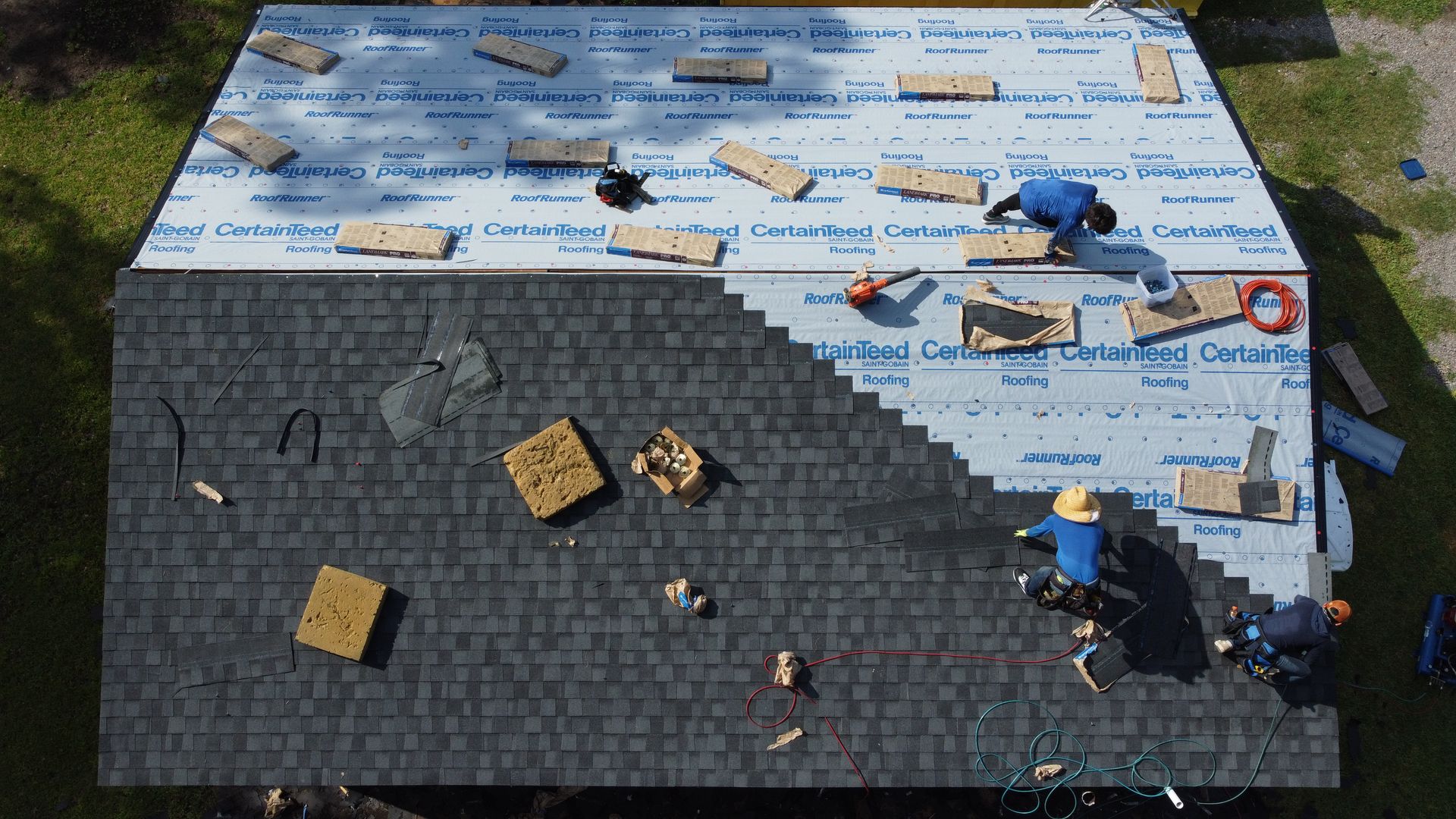 A roof replacement progress photo
