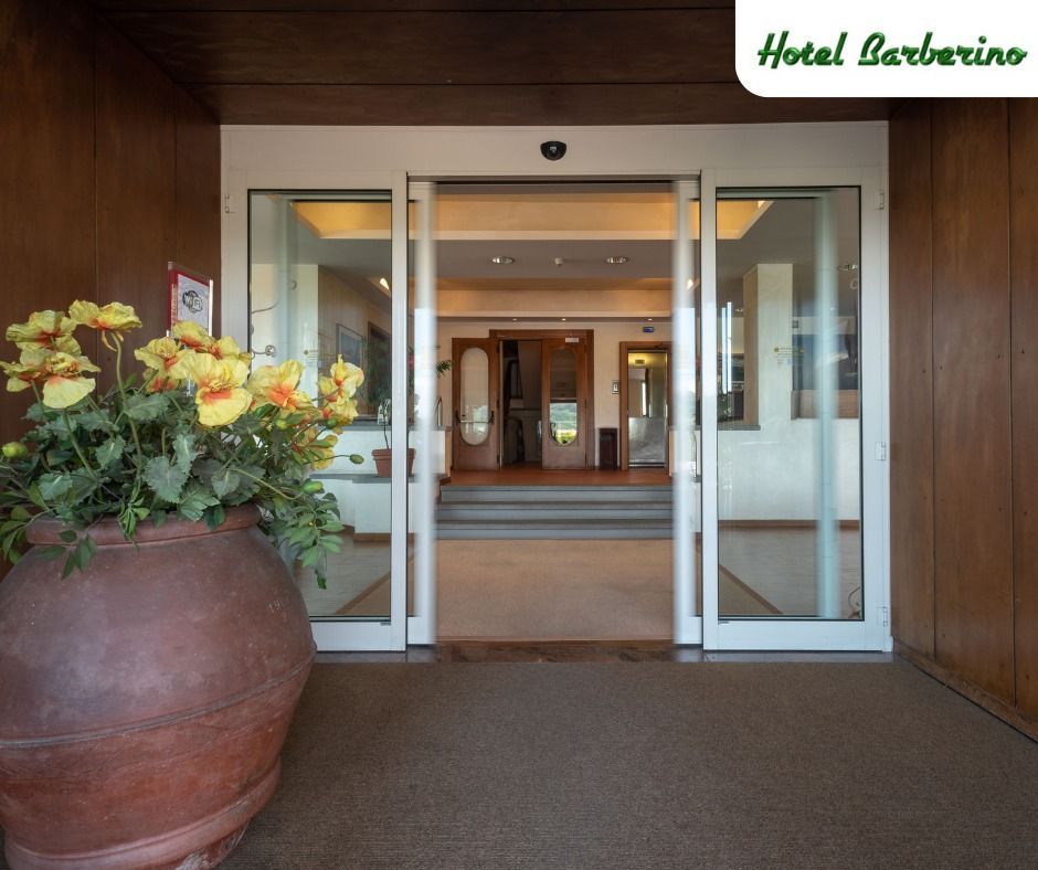 Un grande vaso di fiori si trova davanti all'ingresso dell'hotel