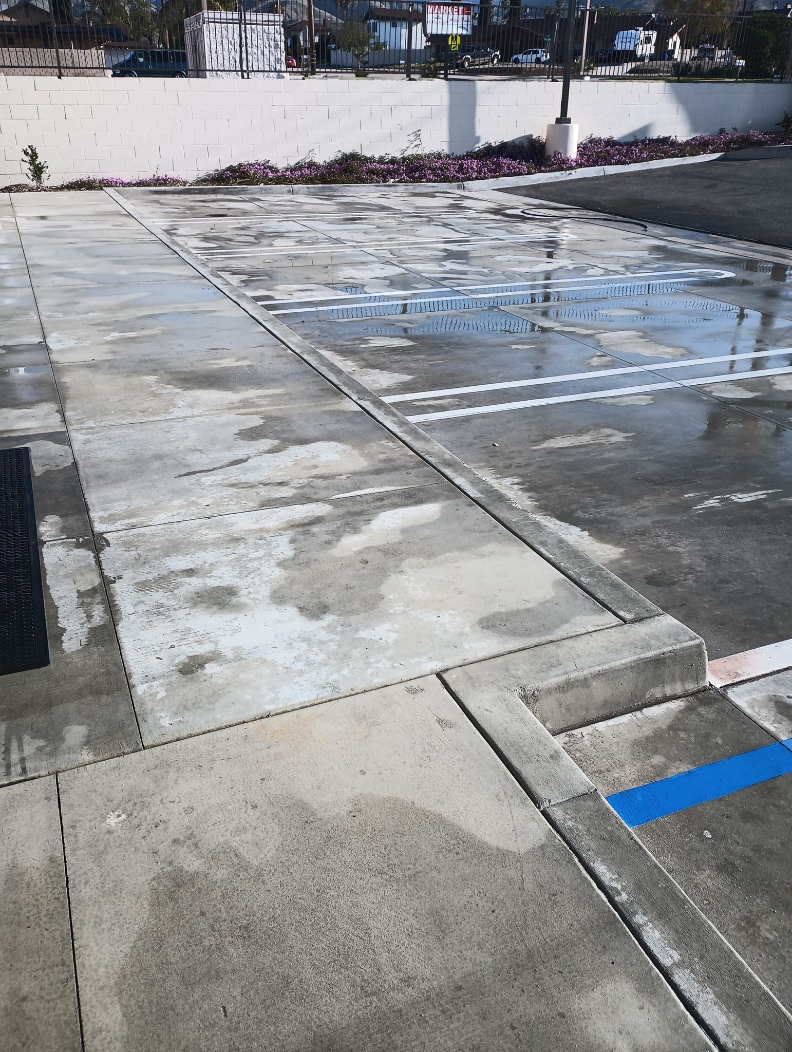 A parking lot with a blue line on the sidewalk.