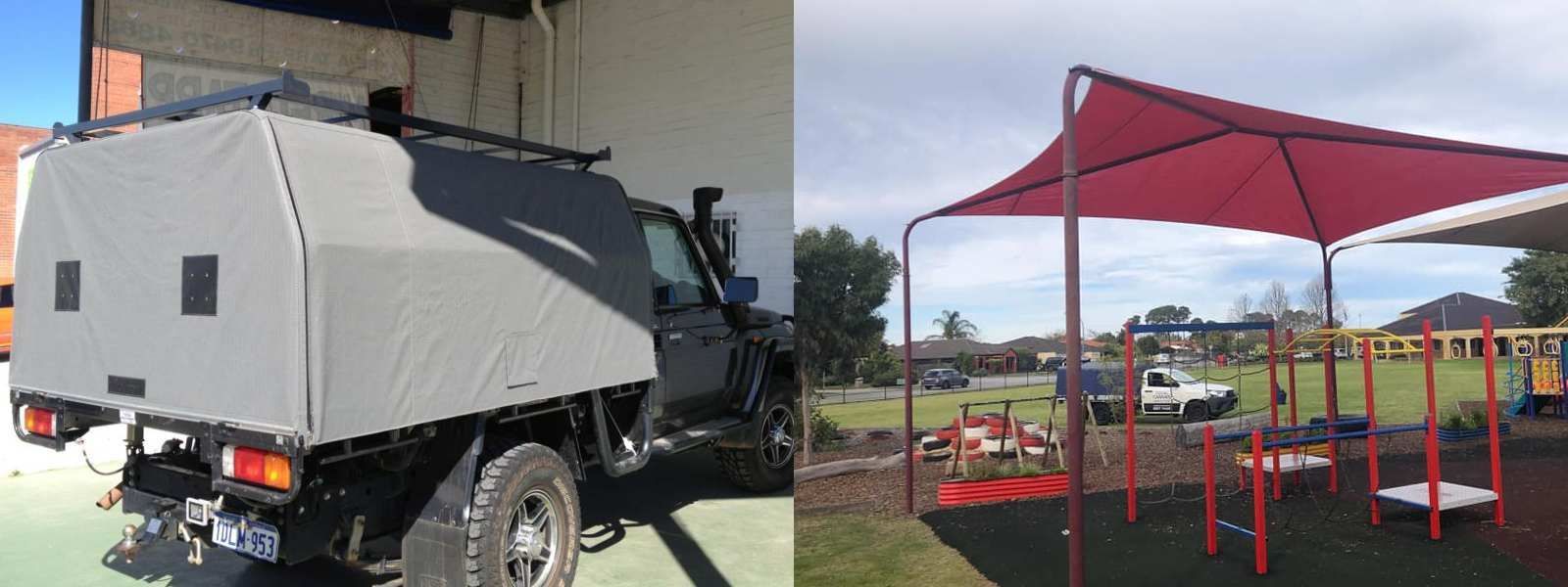 Canvas canopy on a vehicle and a playground with red shade sails
