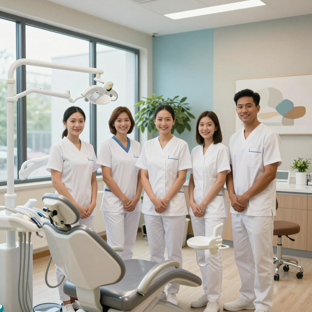 Five dental professionals in white scrubs stand together and smile in a brightly lit, modern dental office.