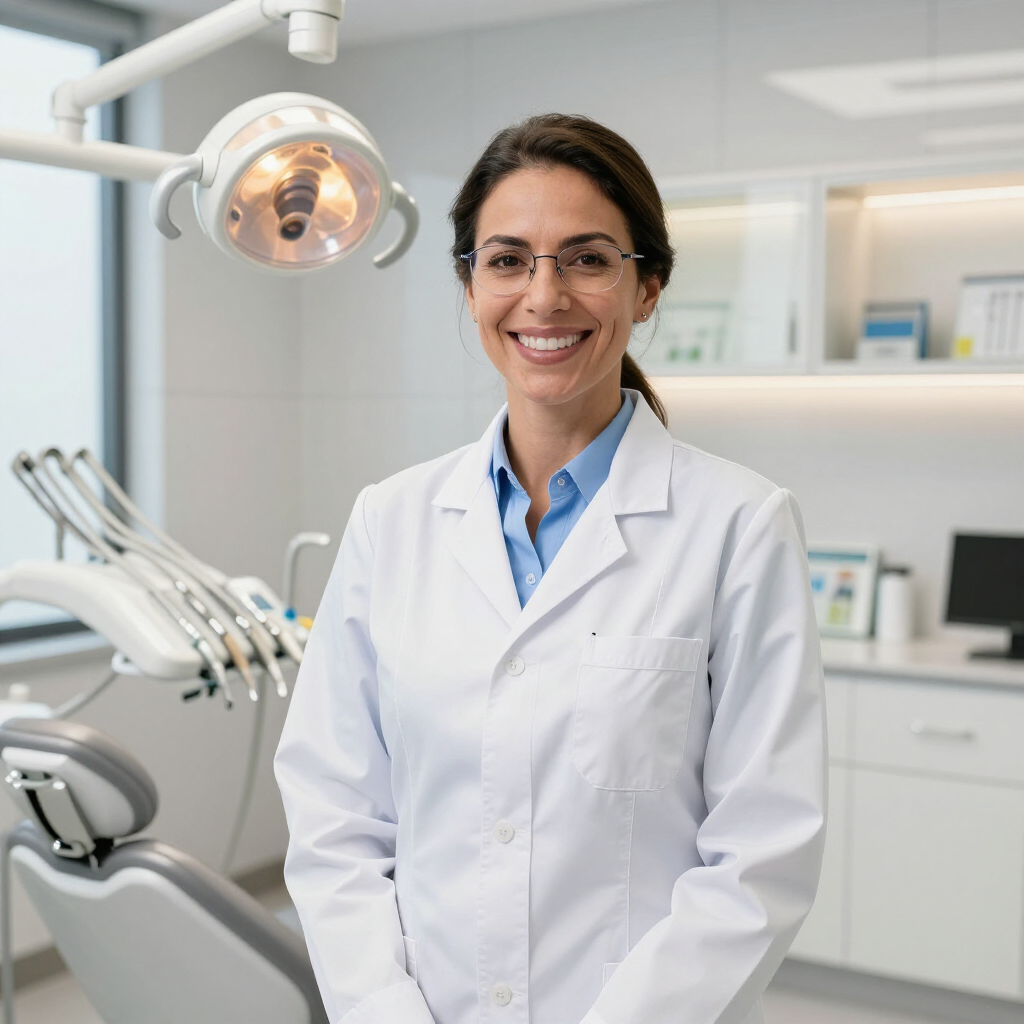 A smiling professional in a white lab coat standing in a dental office with dental equipment in the background.