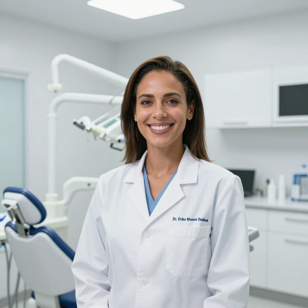 A smiling professional in a white coat stands in a bright, modern dental office with equipment in the background.