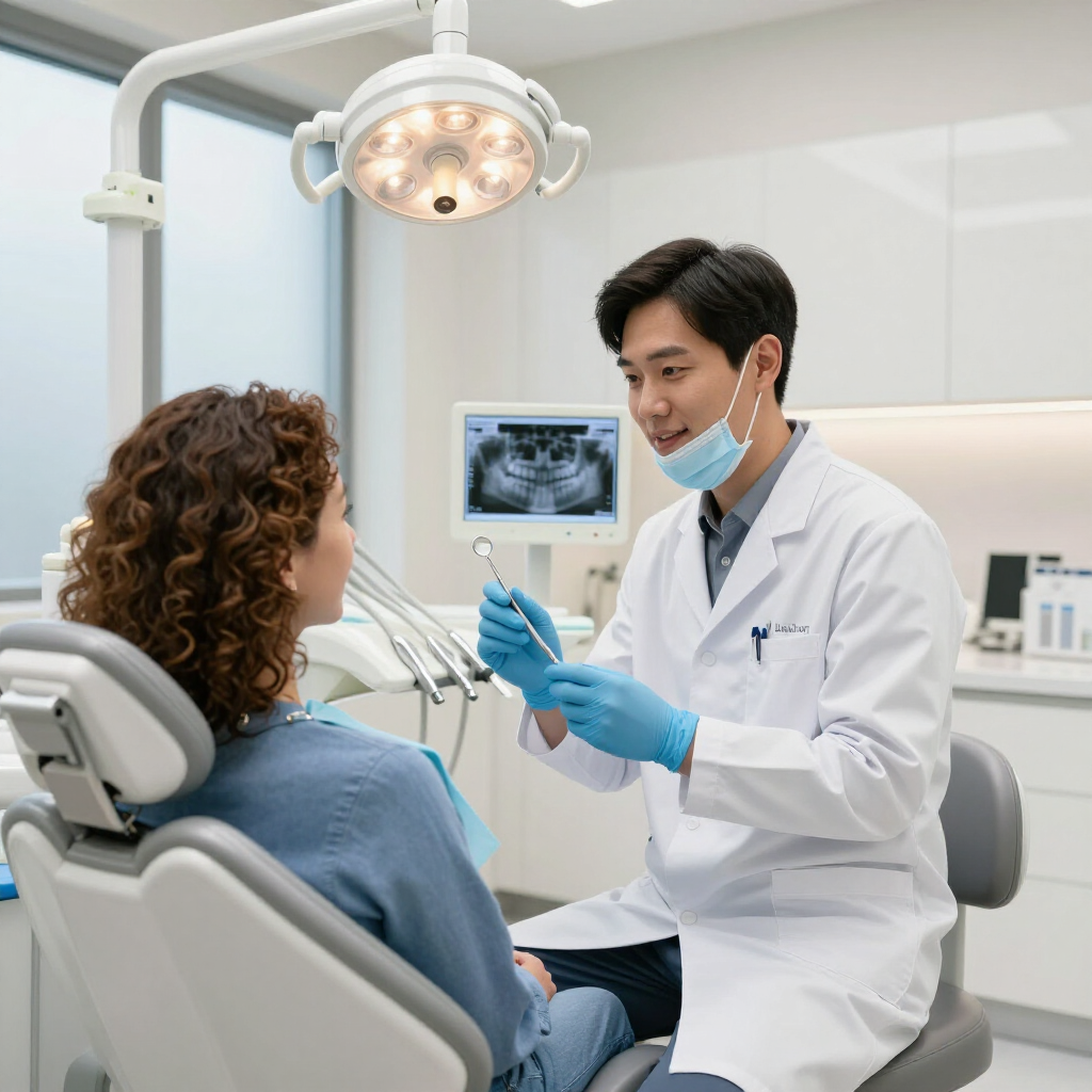 A dentist in a white coat and blue gloves consults with a patient sitting in a dental chair in a modern clinic.