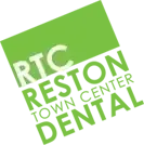 Logo for Reston Town Center Dental, green text on a green angled square.