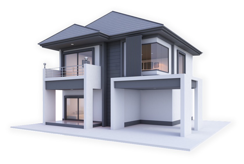 Modern two-story house exterior render with gray roof and white walls Modern two-story house exterior render with gray roof and white walls