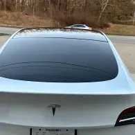 White Tesla sedan seen from the rear with tinted back window and a wooded roadside background.