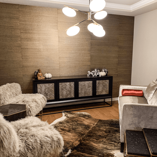 Beige furry chairs, velvet couch, fur run and modern furniture