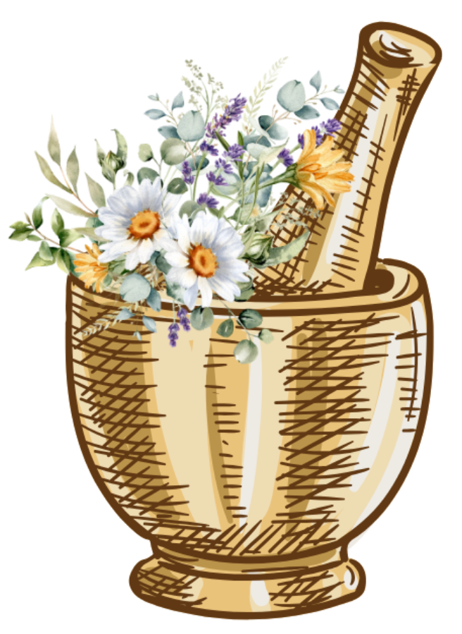 A mortar and pestle with flowers in it.