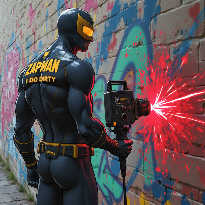 Zapman, a superhero, uses a laser-like device to remove graffiti from a brick wall, using the latest laser tecnologĂa. #lasercleaning #lasercleaningcostablanca #removegraffiti
