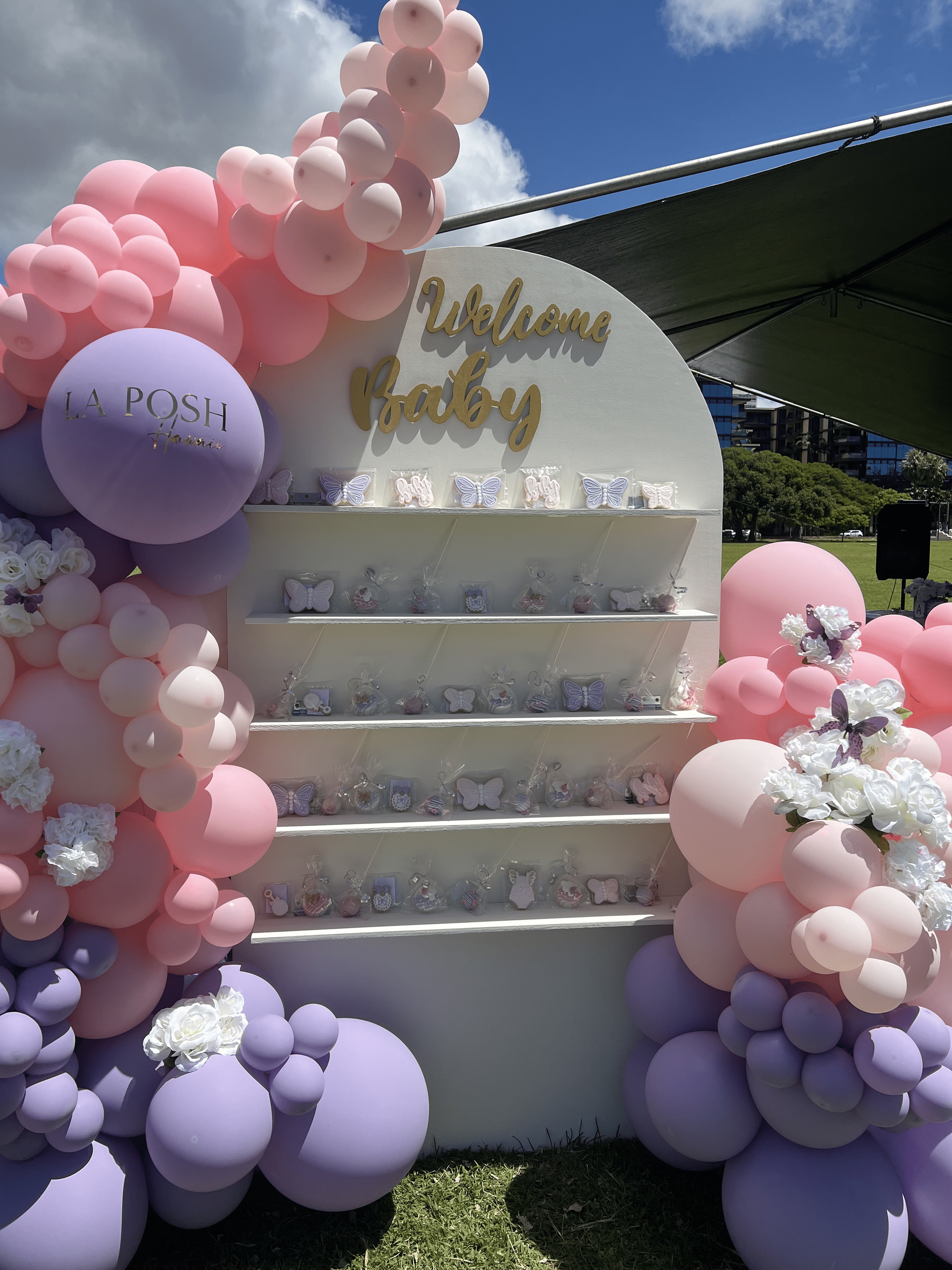 A display of pink and purple balloons with a sign that says welcome baby