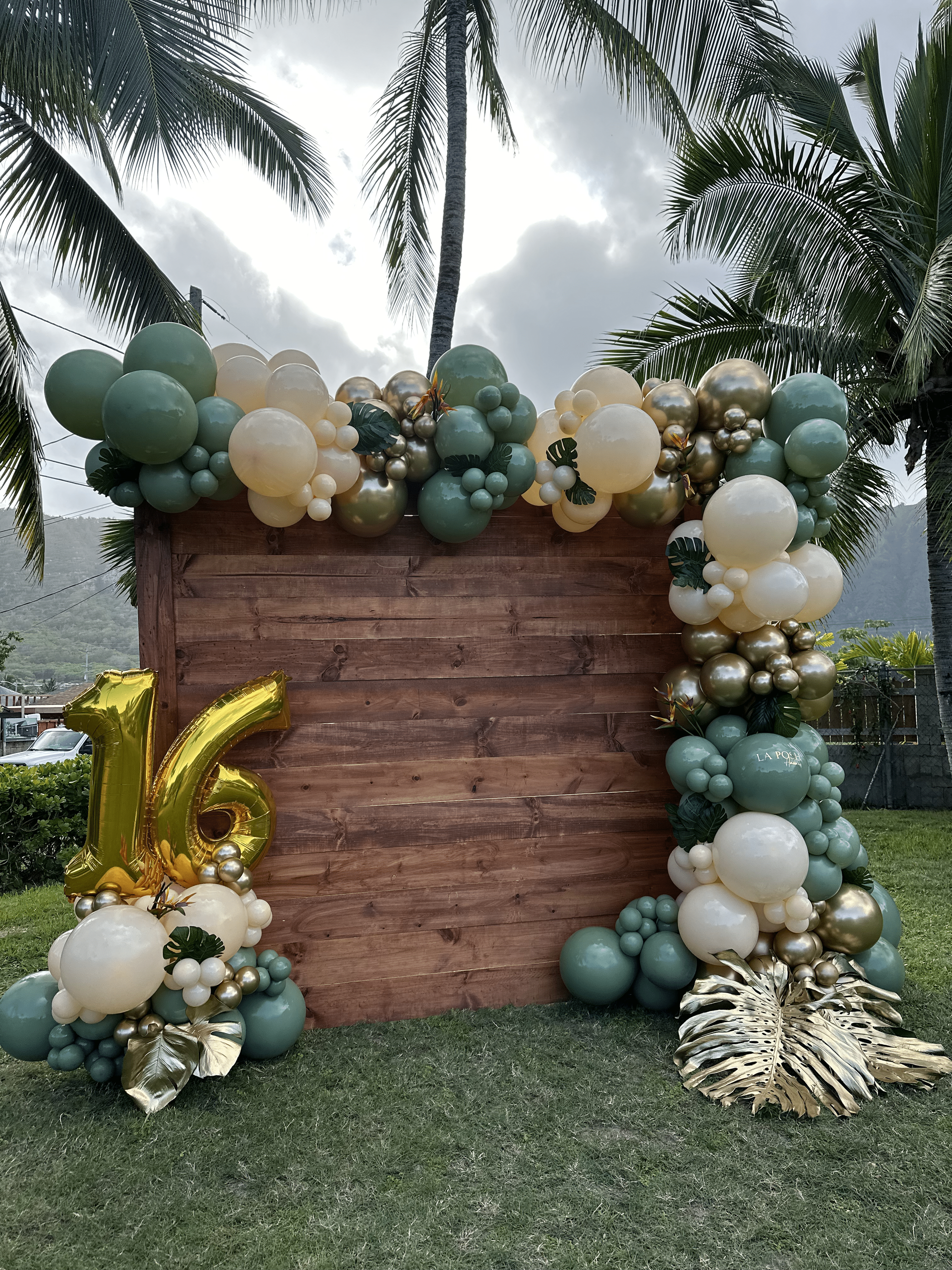 A wooden wall surrounded by balloons and palm trees.