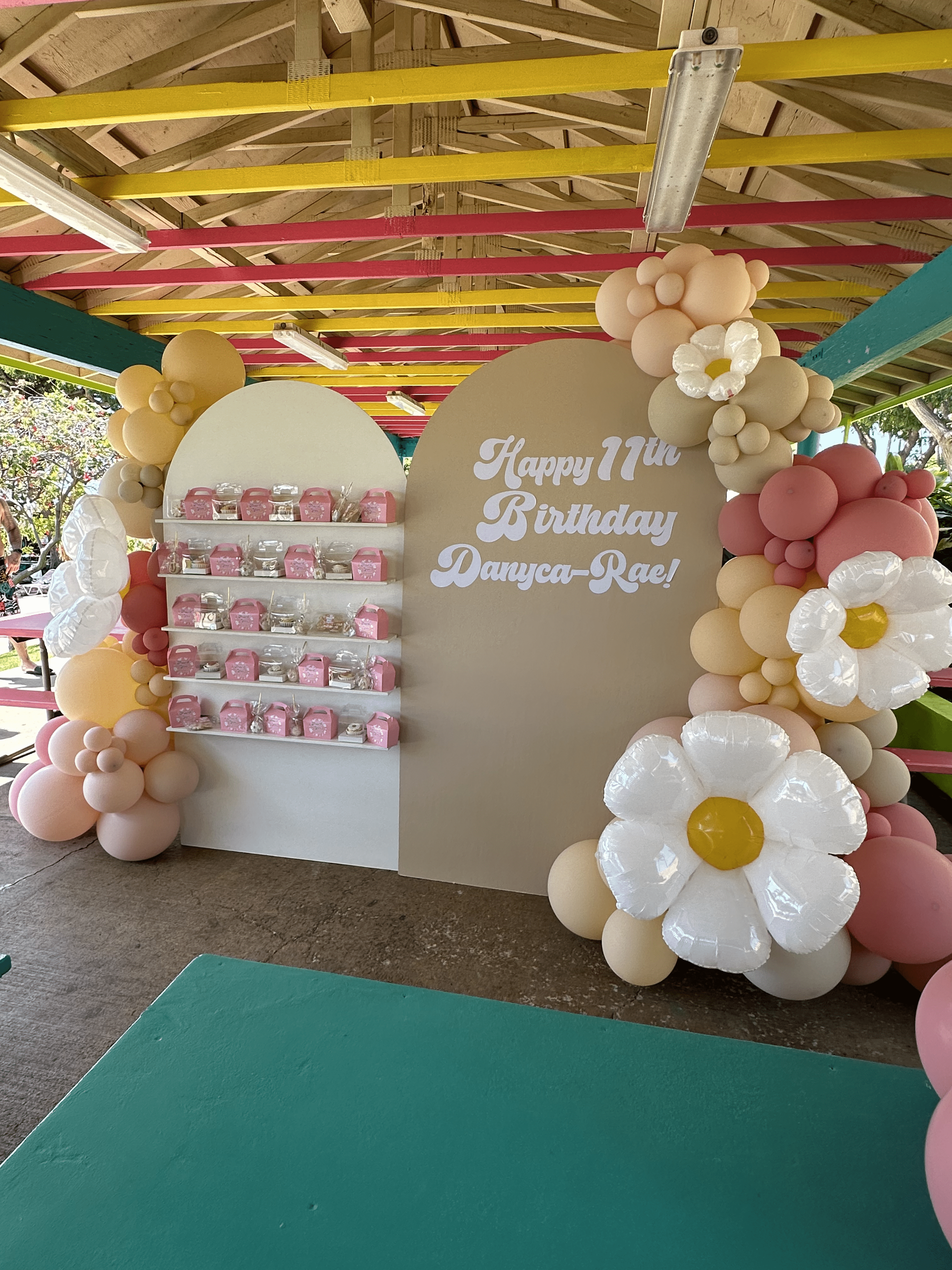 A wall covered in balloons and flowers for a birthday party.