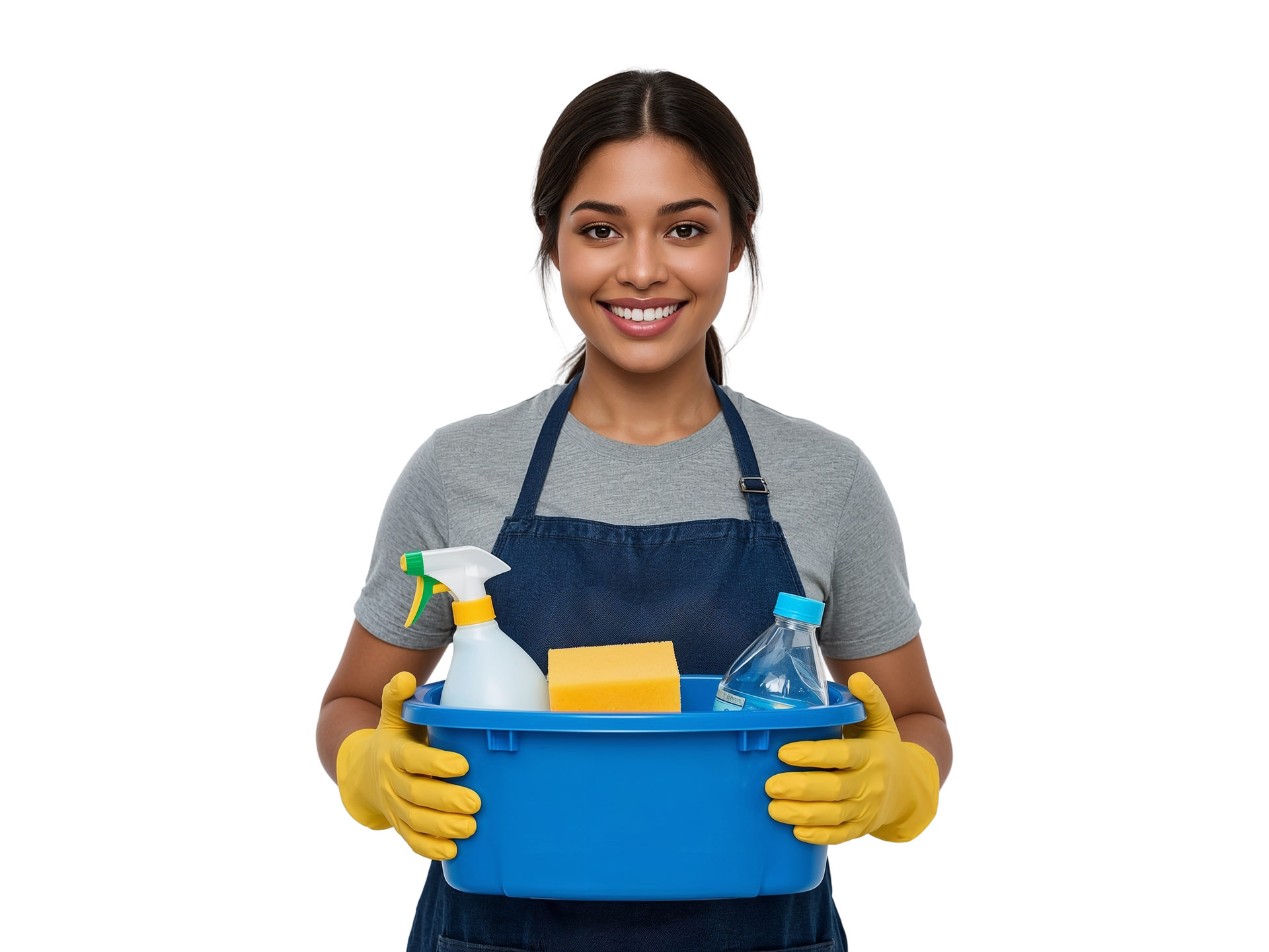 Woman wearing gloves and apron holding a blue cleaning bucket with supplies, smiling.