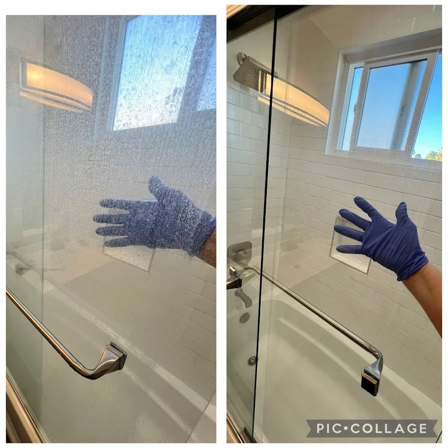 Comparison: shower door before and after cleaning, showing a hand in a glove wiping the glass.