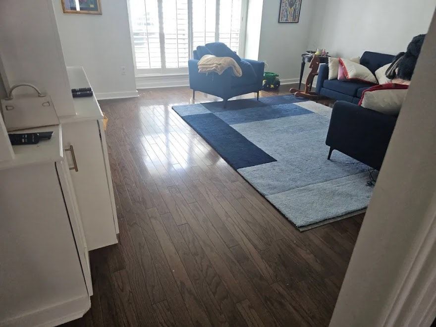 Living room with dark wood floors, blue rug and furniture, and white cabinetry.