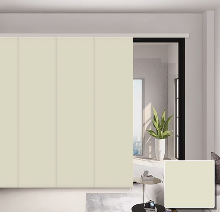 A picture of a room with brown blinds on the windows