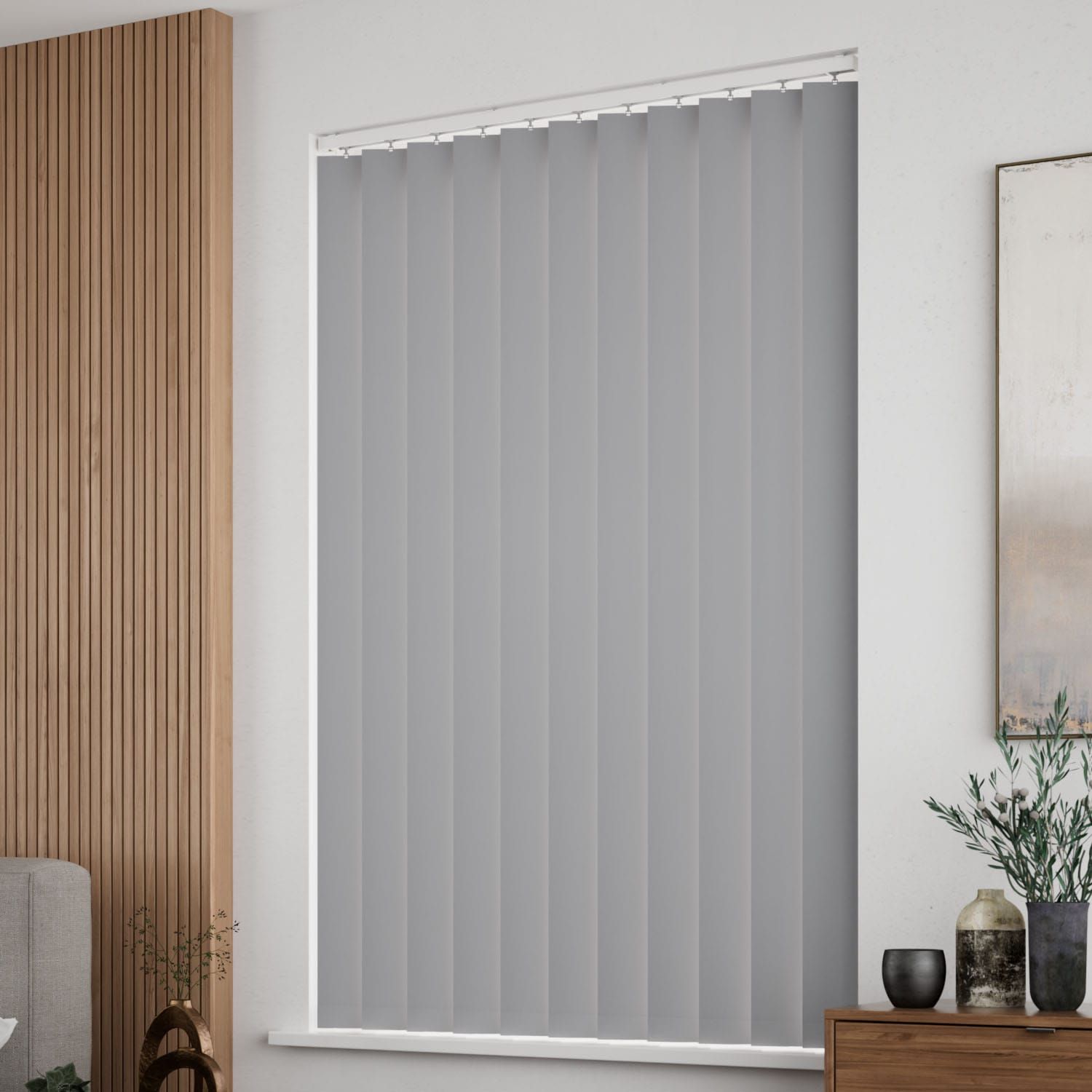 A row of vertical blinds are lined up in a row