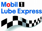 Mobil 1 Lube Express logo with blue text, red "O", and a black and white checkered flag.