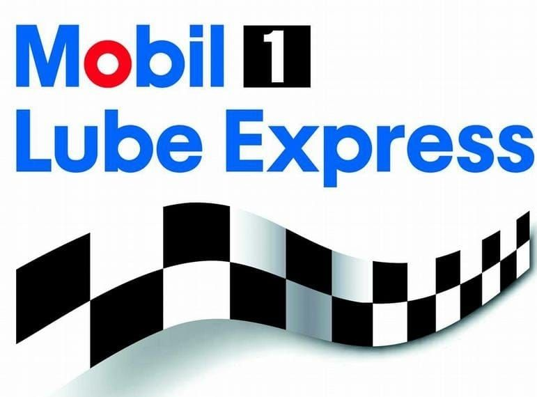 Mobil 1 Lube Express logo with blue text, red "O", and a black and white checkered flag.